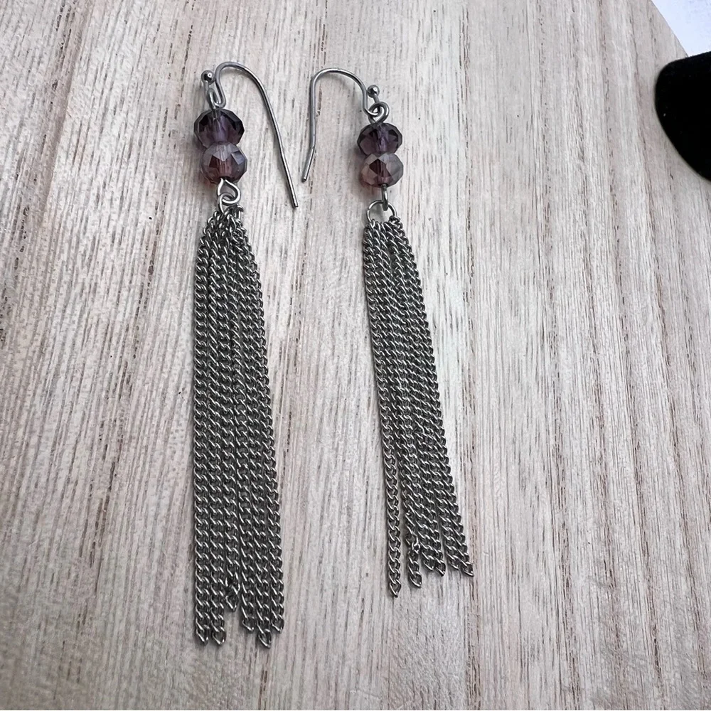 Purple beaded silver chain fringe dangle drop dramatic earrings